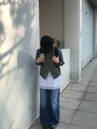 Mijoo Dot Round Neck Knit Cardigan