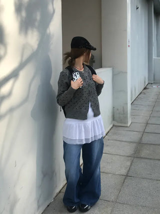 Mijoo Dot Round Neck Knit Cardigan