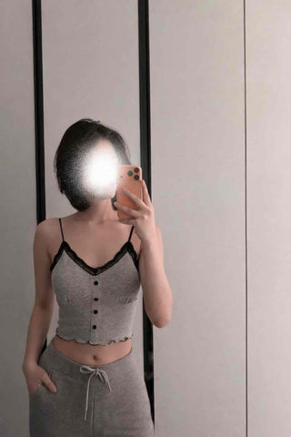 Lace-trimmed Frill Button Crop Slip Top