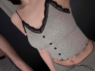 Lace-trimmed Frill Button Crop Slip Top