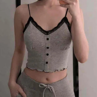 Lace-trimmed Frill Button Crop Slip Top