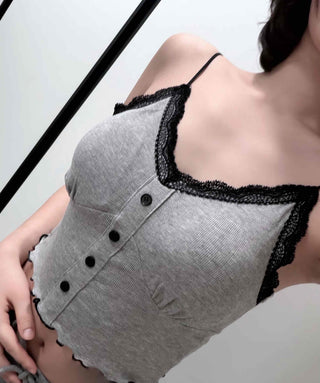 Lace-trimmed Frill Button Crop Slip Top