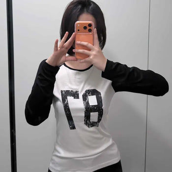 Vintage Number 78 Printed Colorblock Round Long Sleeve Tee