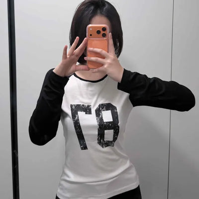 Vintage Number 78 Printed Colorblock Round Long Sleeve Tee
