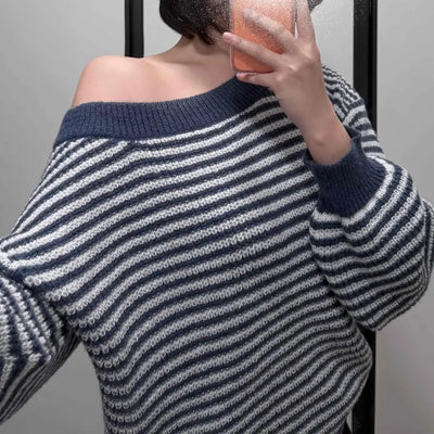 Sailor Boat Neck Drop Shoulder Cozy Striped Knit