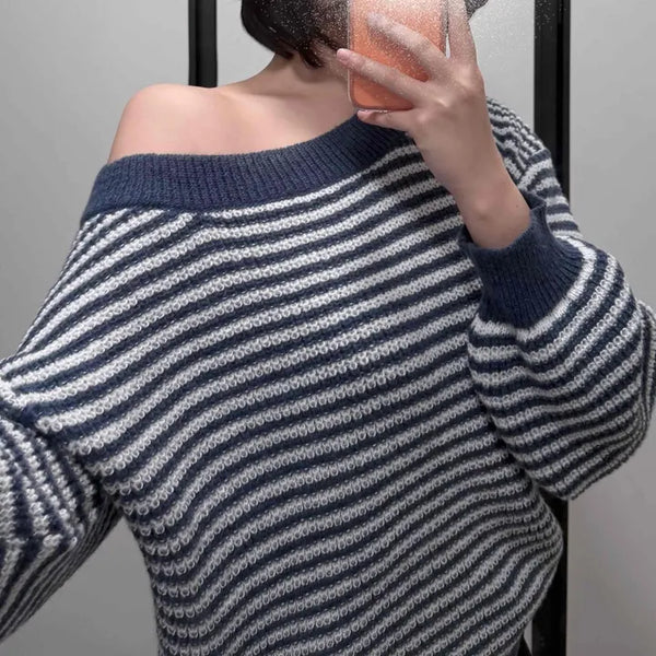 Sailor Boat Neck Drop Shoulder Cozy Striped Knit
