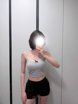 Ribbed Ribbon Lace Mix Tight Crop Sleeveless Top