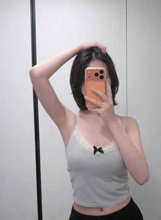 Ribbed Ribbon Lace Mix Tight Crop Sleeveless Top