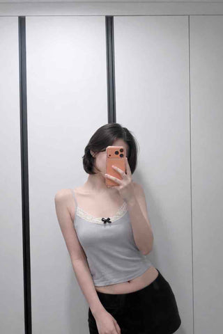 Ribbed Ribbon Lace Mix Tight Crop Sleeveless Top