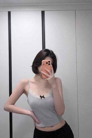 Ribbed Ribbon Lace Mix Tight Crop Sleeveless Top