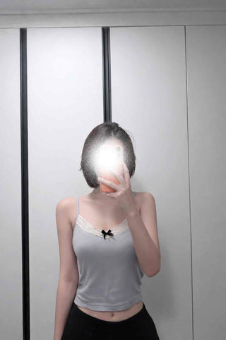 Ribbed Ribbon Lace Mix Tight Crop Sleeveless Top
