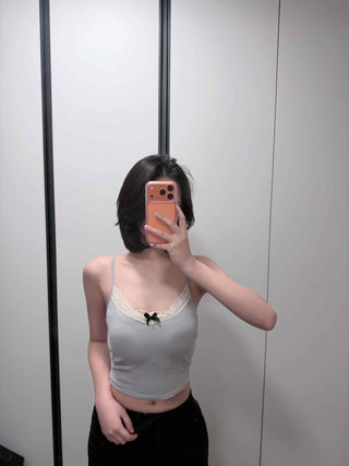 Ribbed Ribbon Lace Mix Tight Crop Sleeveless Top