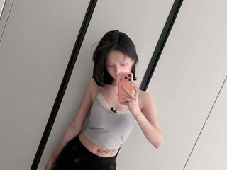Ribbed Ribbon Lace Mix Tight Crop Sleeveless Top