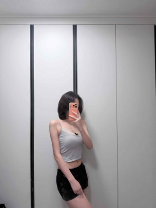 Ribbed Ribbon Lace Mix Tight Crop Sleeveless Top