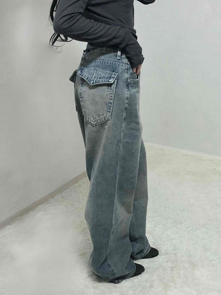 Loose Fit Long Denim Pants with Cut-off Details