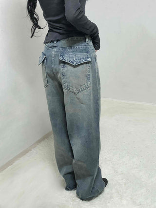 Loose Fit Long Denim Pants with Cut-off Details