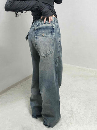 Loose Fit Long Denim Pants with Cut-off Details