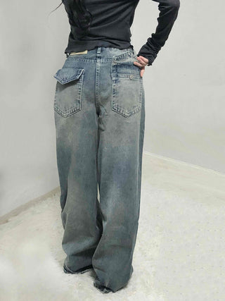 Loose Fit Long Denim Pants with Cut-off Details