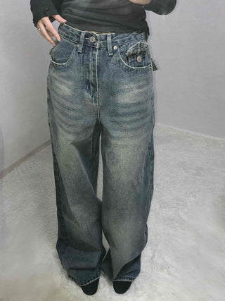 Loose Fit Long Denim Pants with Cut-off Details