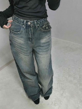 Loose Fit Long Denim Pants with Cut-off Details