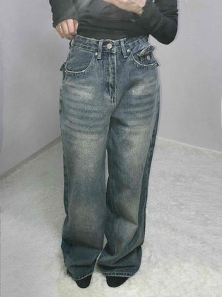 Loose Fit Long Denim Pants with Cut-off Details