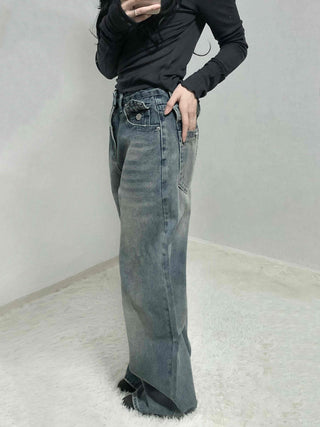 Loose Fit Long Denim Pants with Cut-off Details