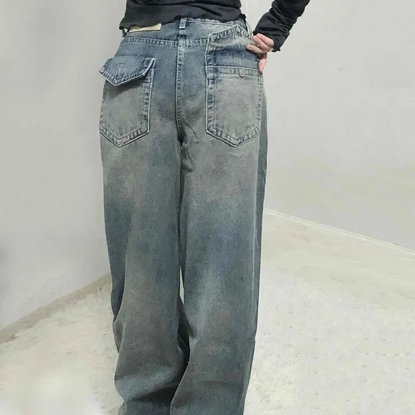 Loose Fit Long Denim Pants with Cut-off Details