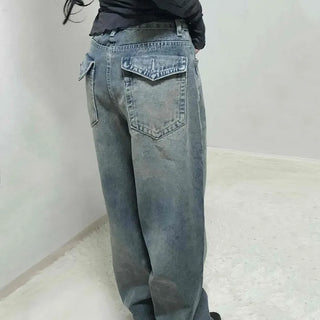 Loose Fit Long Denim Pants with Cut-off Details