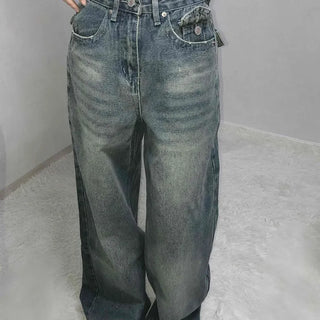 Loose Fit Long Denim Pants with Cut-off Details