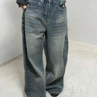 Loose Fit Long Denim Pants with Cut-off Details