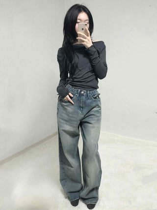 Loose Fit Long Denim Pants with Cut-off Details