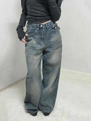Loose Fit Long Denim Pants with Cut-off Details