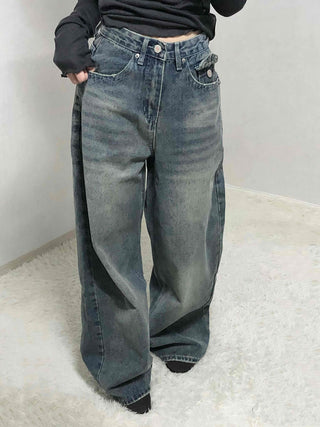 Loose Fit Long Denim Pants with Cut-off Details