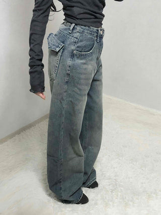 Loose Fit Long Denim Pants with Cut-off Details