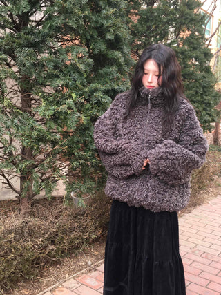 Curly Boa Loose Fit Short Zip-Up