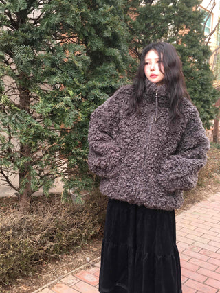 Curly Boa Loose Fit Short Zip-Up