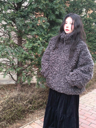 Curly Boa Loose Fit Short Zip-Up