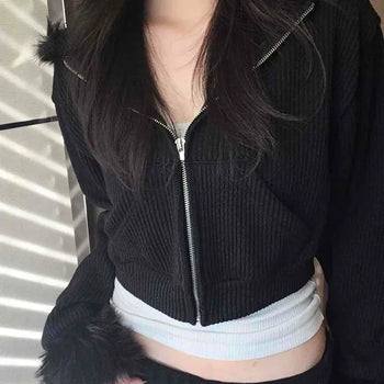 Vintage Fur Cuff Ribbed Y2K Crop Zip-Up Hoodie