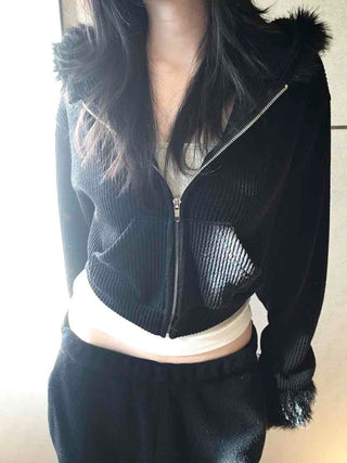 Vintage Fur Cuff Ribbed Y2K Crop Zip-Up Hoodie