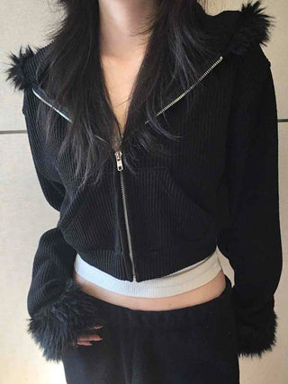 Vintage Fur Cuff Ribbed Y2K Crop Zip-Up Hoodie
