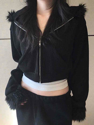 Vintage Fur Cuff Ribbed Y2K Crop Zip-Up Hoodie