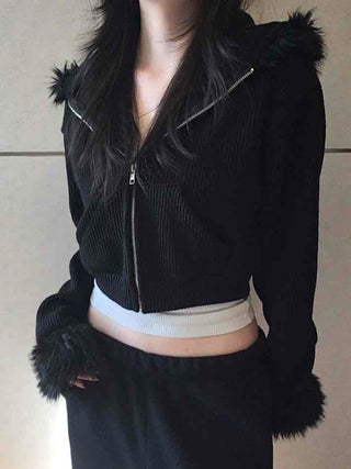 Vintage Fur Cuff Ribbed Y2K Crop Zip-Up Hoodie