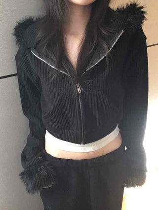 Vintage Fur Cuff Ribbed Y2K Crop Zip-Up Hoodie