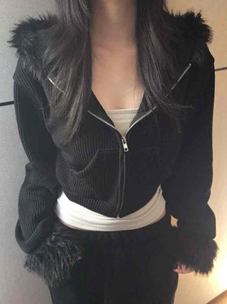 Vintage Fur Cuff Ribbed Y2K Crop Zip-Up Hoodie