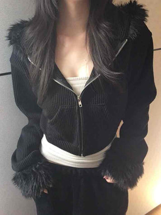 Vintage Fur Cuff Ribbed Y2K Crop Zip-Up Hoodie