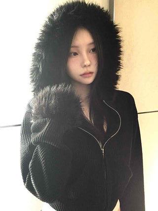 Vintage Fur Cuff Ribbed Y2K Crop Zip-Up Hoodie