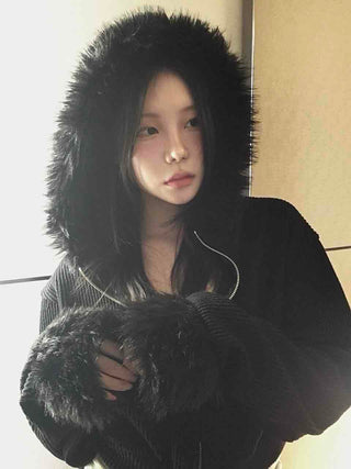 Vintage Fur Cuff Ribbed Y2K Crop Zip-Up Hoodie