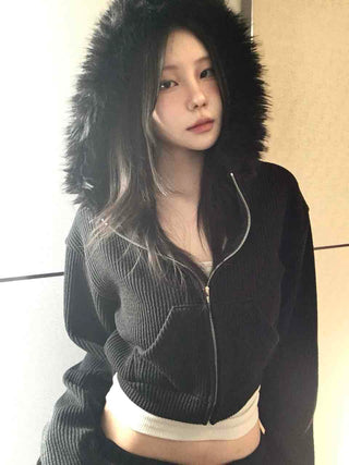 Vintage Fur Cuff Ribbed Y2K Crop Zip-Up Hoodie