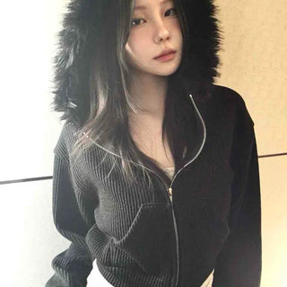 Vintage Fur Cuff Ribbed Y2K Crop Zip-Up Hoodie