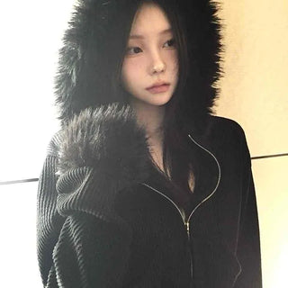 Vintage Fur Cuff Ribbed Y2K Crop Zip-Up Hoodie